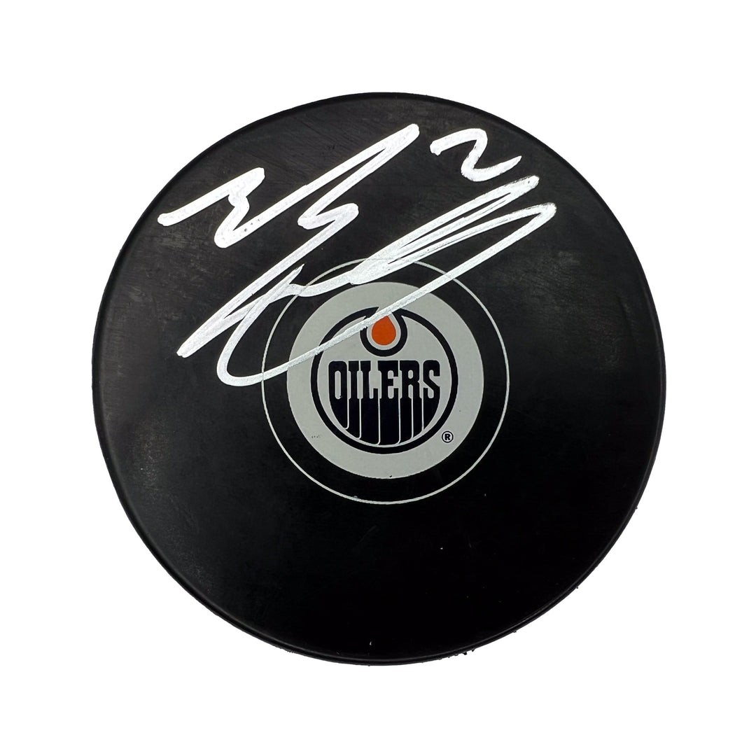 Evan Bouchard Edmonton Oilers Signed Logo Puck