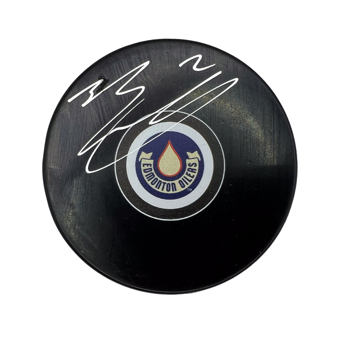 Evan Bouchard Edmonton Oilers Signed Heritage Classic Team Logo Puck