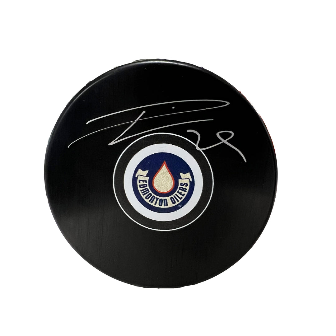 Leon Draisaitl Edmonton Oilers Signed Heritage Classic Team Logo Puck