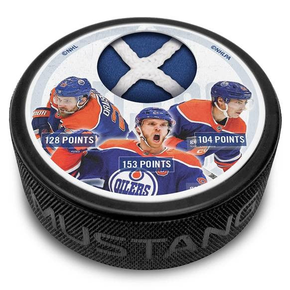 McDavid, Draisaitl, Nugent-Hopkins Edmonton Oilers 2022-23 Season 100 PT Trios Game-Used Net Puck