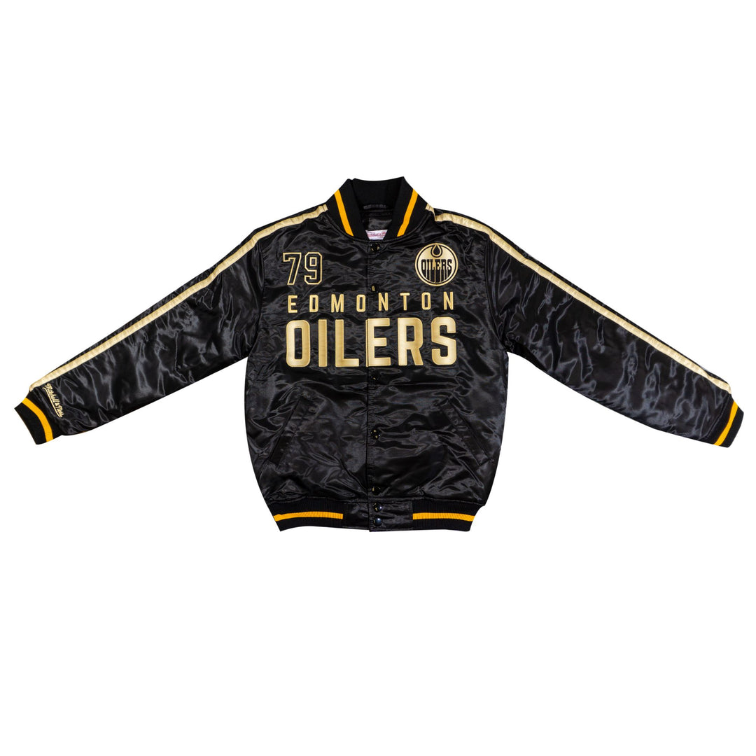 Edmonton Oilers Mitchell & Ness Golden Egg Black Satin Bomber Jacket