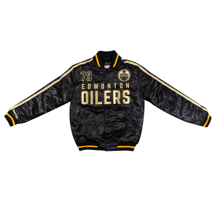 Edmonton Oilers Mitchell & Ness Golden Egg Black Satin Bomber Jacket