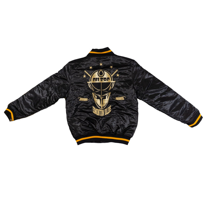 Edmonton Oilers Mitchell & Ness Golden Egg Black Satin Bomber Jacket