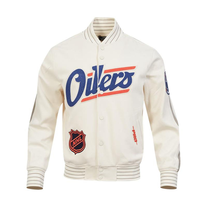 Edmonton Oilers Pro Standard Game Day Alternate Logo Cream Bomber Jacket