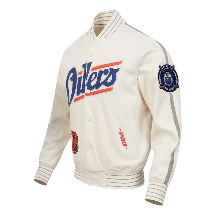Edmonton Oilers Pro Standard Game Day Alternate Logo Cream Bomber Jacket