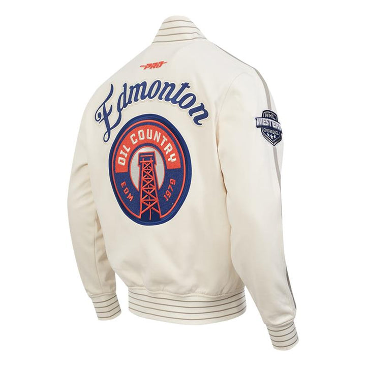 Edmonton Oilers Pro Standard Game Day Alternate Logo Cream Bomber Jacket