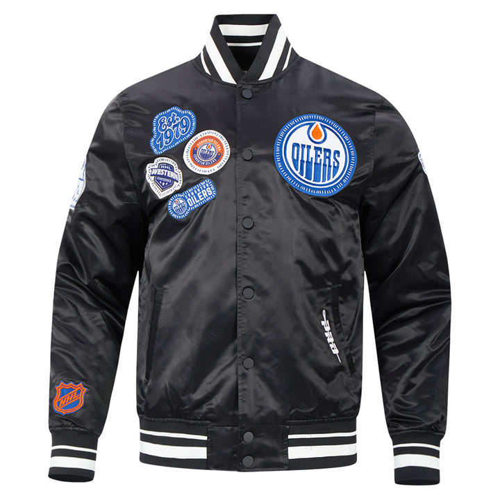 Edmonton Oilers Unisex Pro Standard Pick Stitch Black Satin Varsity Jacket