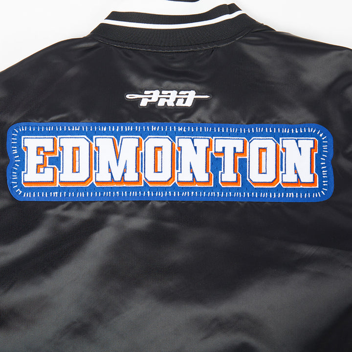 Edmonton Oilers Unisex Pro Standard Pick Stitch Black Satin Varsity Jacket