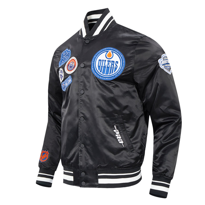 Edmonton Oilers Unisex Pro Standard Pick Stitch Black Satin Varsity Jacket
