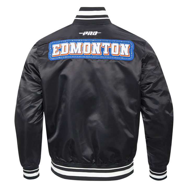 Edmonton Oilers Unisex Pro Standard Pick Stitch Black Satin Varsity Jacket