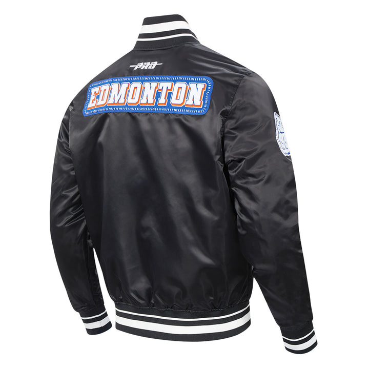 Edmonton Oilers Unisex Pro Standard Pick Stitch Black Satin Varsity Jacket