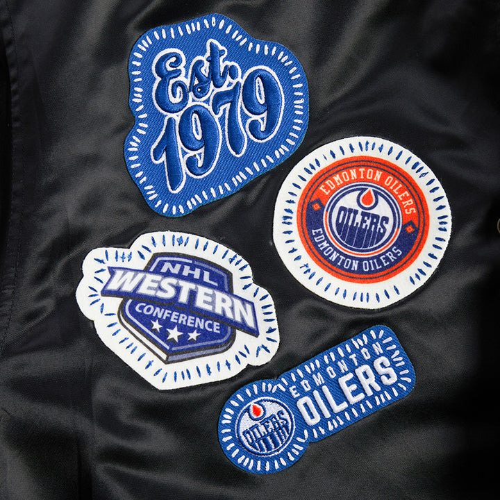 Edmonton Oilers Unisex Pro Standard Pick Stitch Black Satin Varsity Jacket