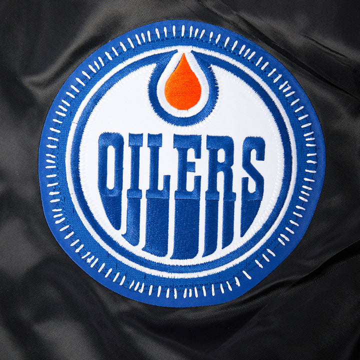 Edmonton Oilers Unisex Pro Standard Pick Stitch Black Satin Varsity Jacket