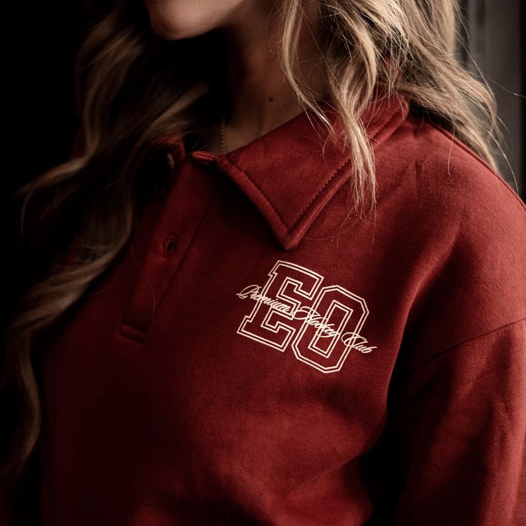 Edmonton Oilers Sports Club Atelier by Lauren McDavid Burnt Orange Prep Collar Button-Up Cropped Polo Sweatshirt