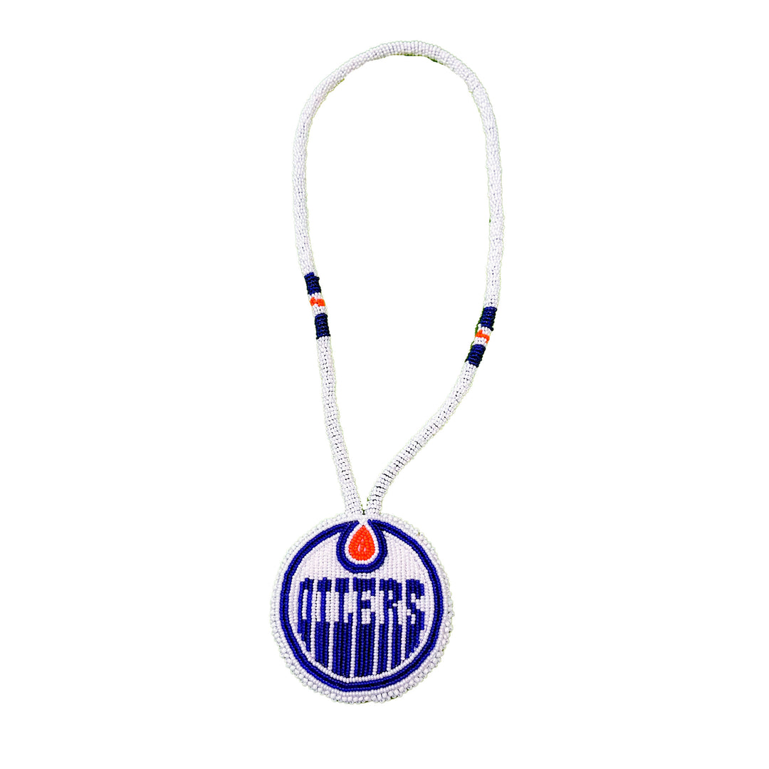 Edmonton Oilers White Away Logo Beaded Medallion Necklace