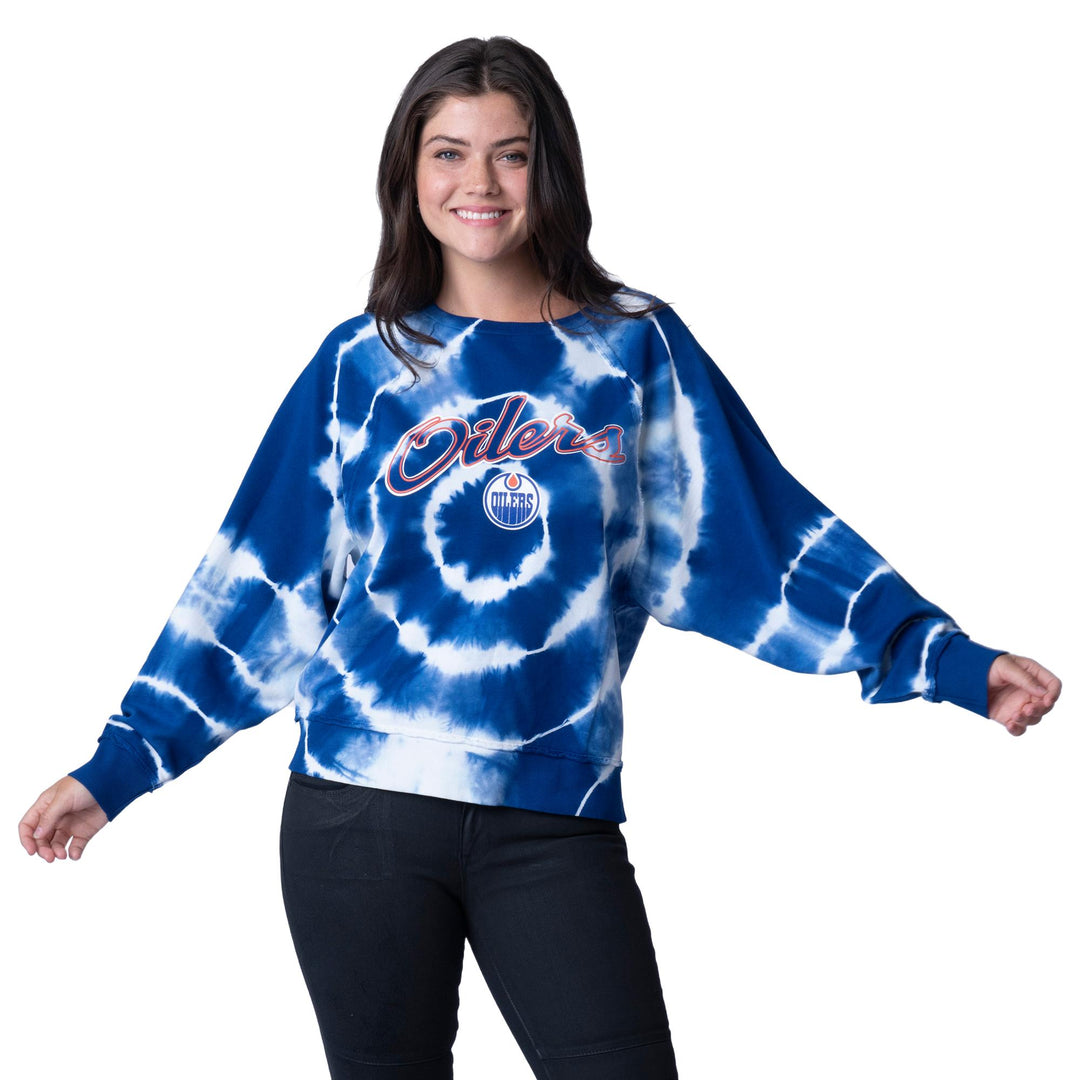 Edmonton Oilers Women's G-III Blue Racing Track Crewneck Sweatshirt