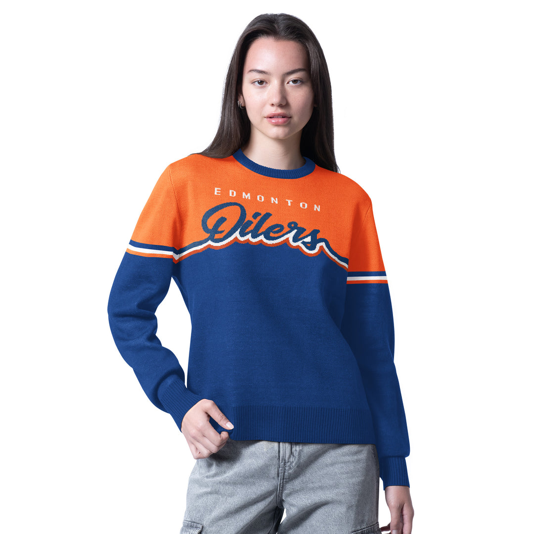 Edmonton Oilers Women's G-III Blue & Orange Football Season Crewneck Sweatshirt
