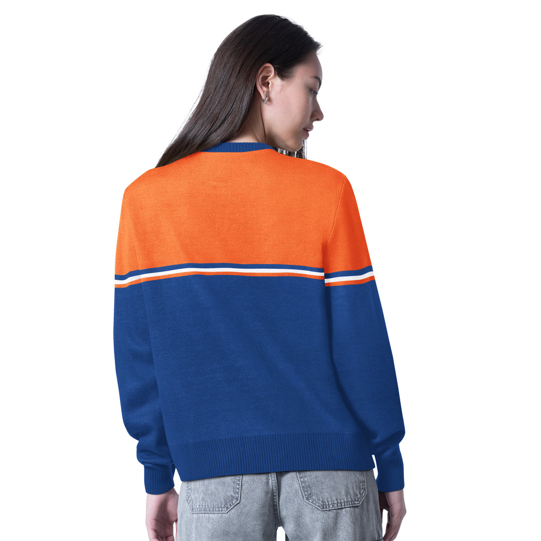 Edmonton Oilers Women's G-III Blue & Orange Football Season Crewneck Sweatshirt