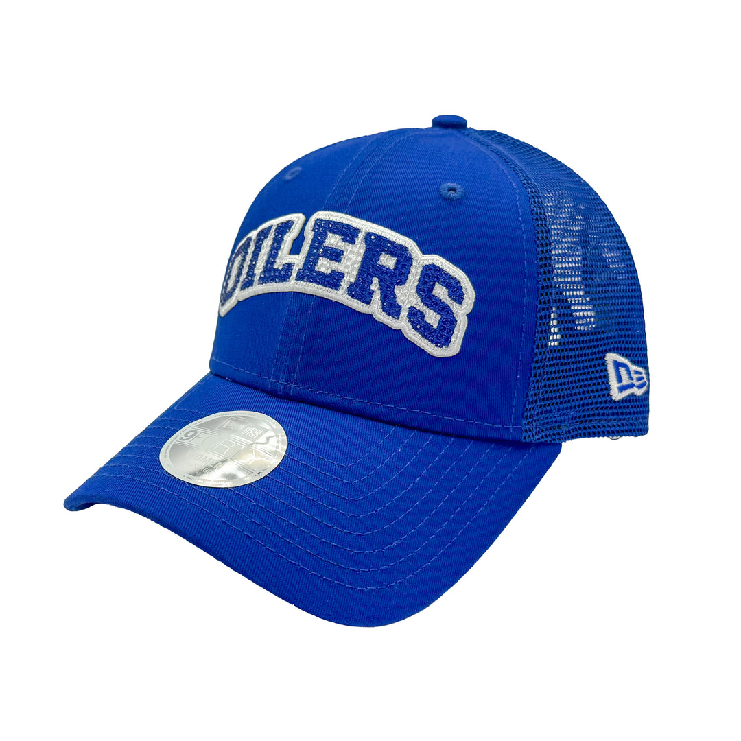 Edmonton Oilers Women's New Era Blue Glitz 9FORTY Mesh Trucker Snapback Hat