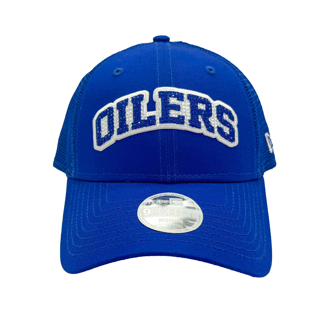 Edmonton Oilers Women's New Era Blue Glitz 9FORTY Mesh Trucker Snapback Hat