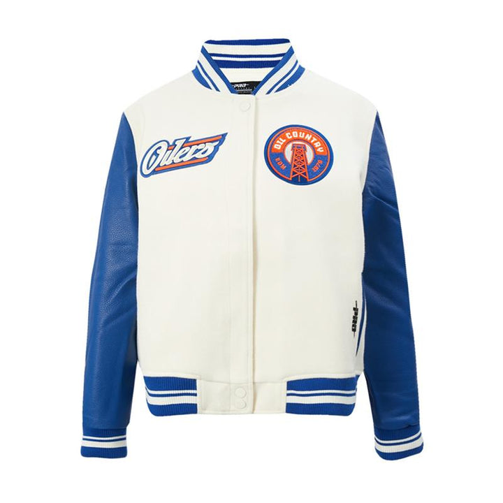 Edmonton Oilers Women's Pro Standard Alternate Logo Cream Wool Varsity Jacket