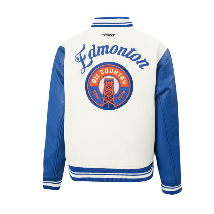 Edmonton Oilers Women's Pro Standard Alternate Logo Cream Wool Varsity Jacket