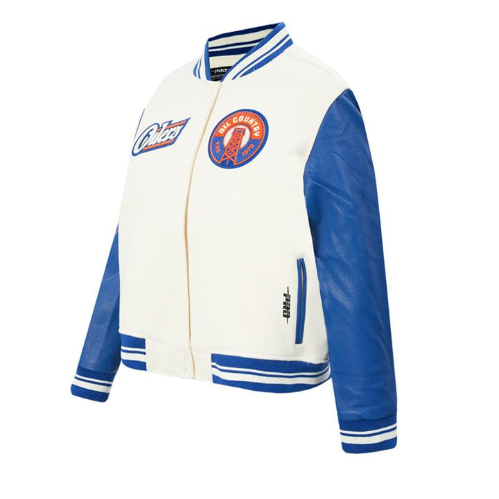 Edmonton Oilers Women's Pro Standard Alternate Logo Cream Wool Varsity Jacket