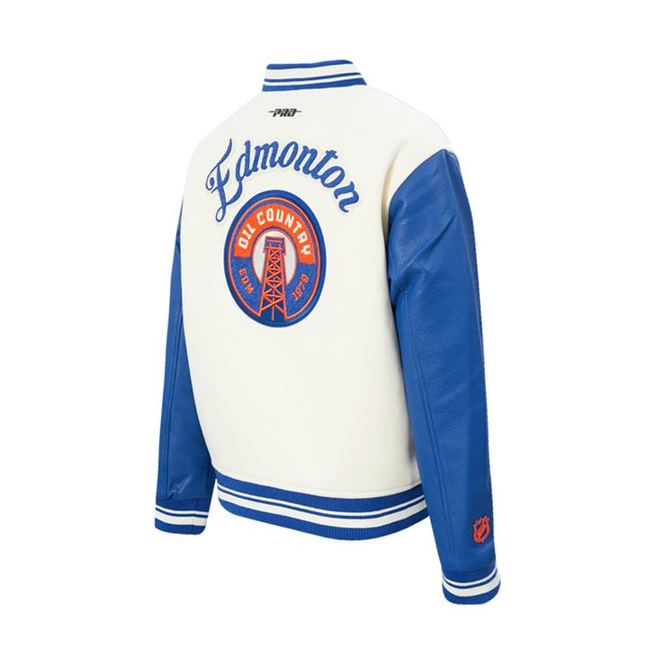 Edmonton Oilers Women's Pro Standard Alternate Logo Cream Wool Varsity Jacket