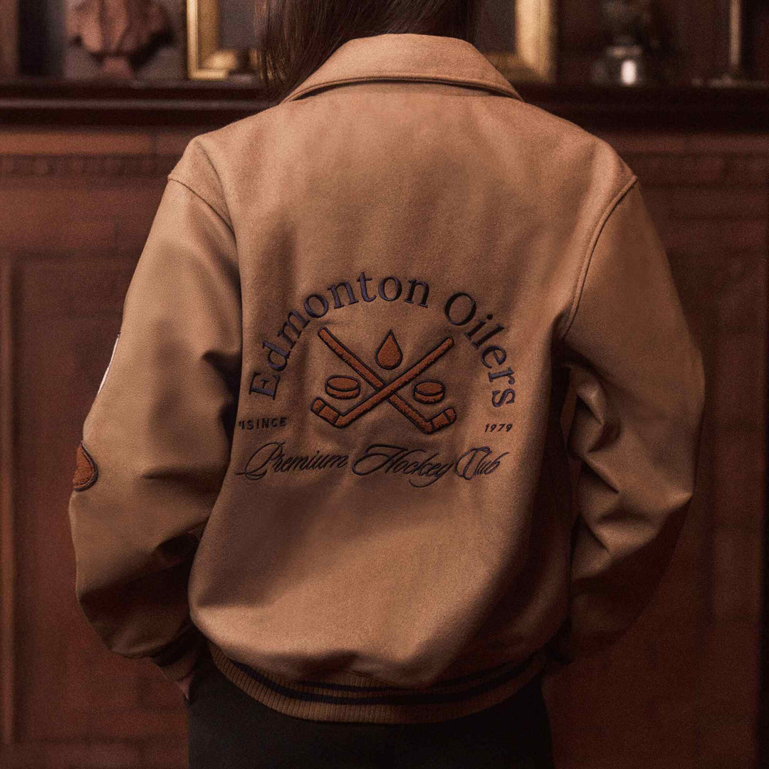 Edmonton Oilers Unisex Sports Club Atelier by Lauren McDavid Brown Legacy Varsity Jacket