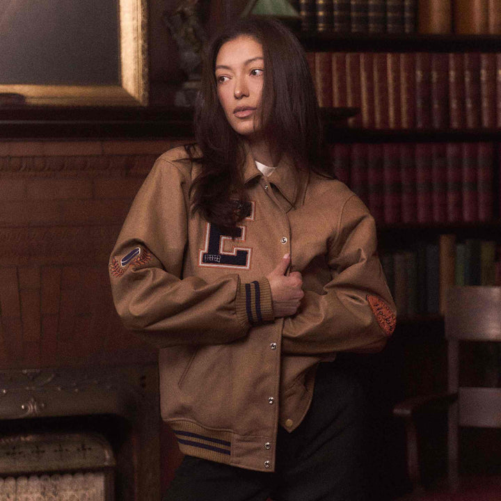 Edmonton Oilers Unisex Sports Club Atelier by Lauren McDavid Brown Legacy Varsity Jacket
