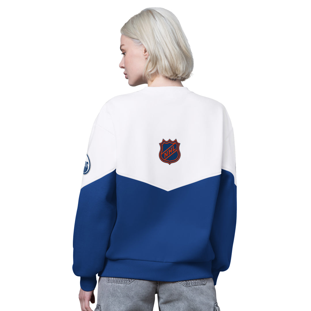 Edmonton Oilers Women's Starter Blue & White Clutch Hit Crewneck Sweatshirt