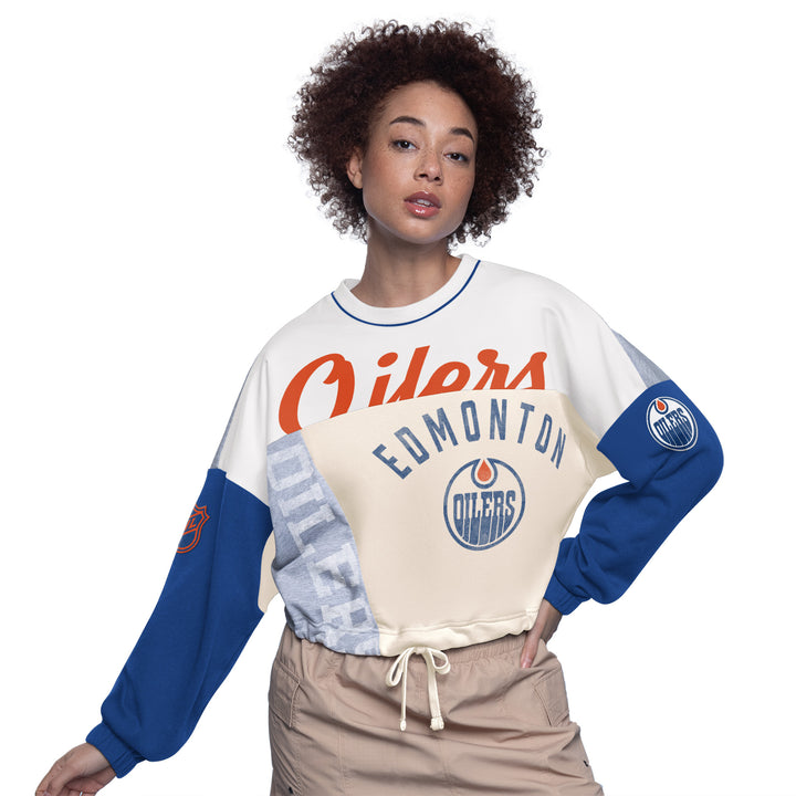 Edmonton Oilers Women's Starter Royal & White Circus Catch Tie Boxy Cropped Crewneck Sweatshirt
