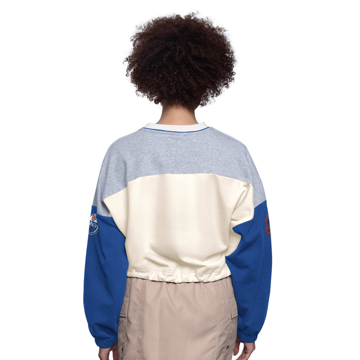 Edmonton Oilers Women's Starter Royal & White Circus Catch Tie Boxy Cropped Crewneck Sweatshirt