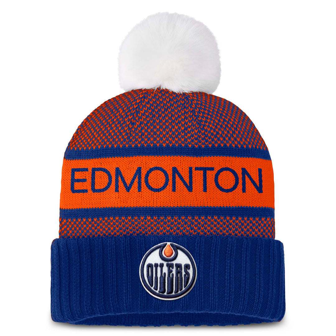 Edmonton Oilers Fanatics Authentic Pro Rink Blue & Orange Faux Fur Cuffed Toque W/ Pom
