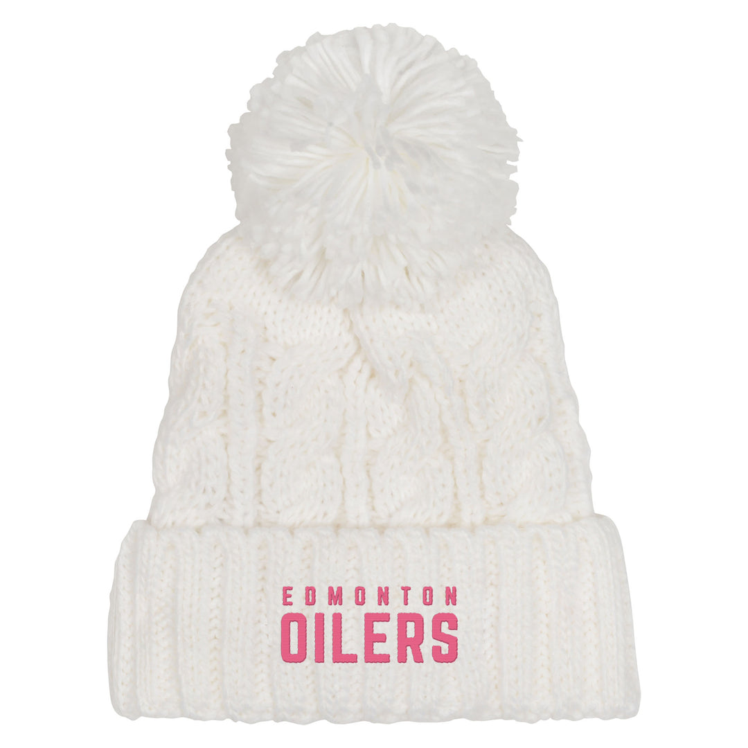 Edmonton Oilers Youth Girls Outerstuff White Cable Knit Toque W/Pom