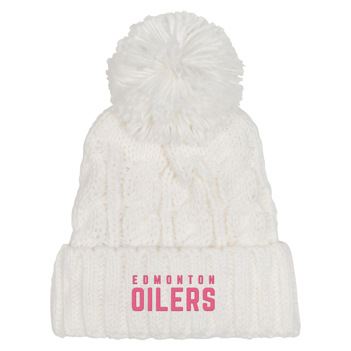 Edmonton Oilers Youth Girls Outerstuff White Cable Knit Toque W/Pom