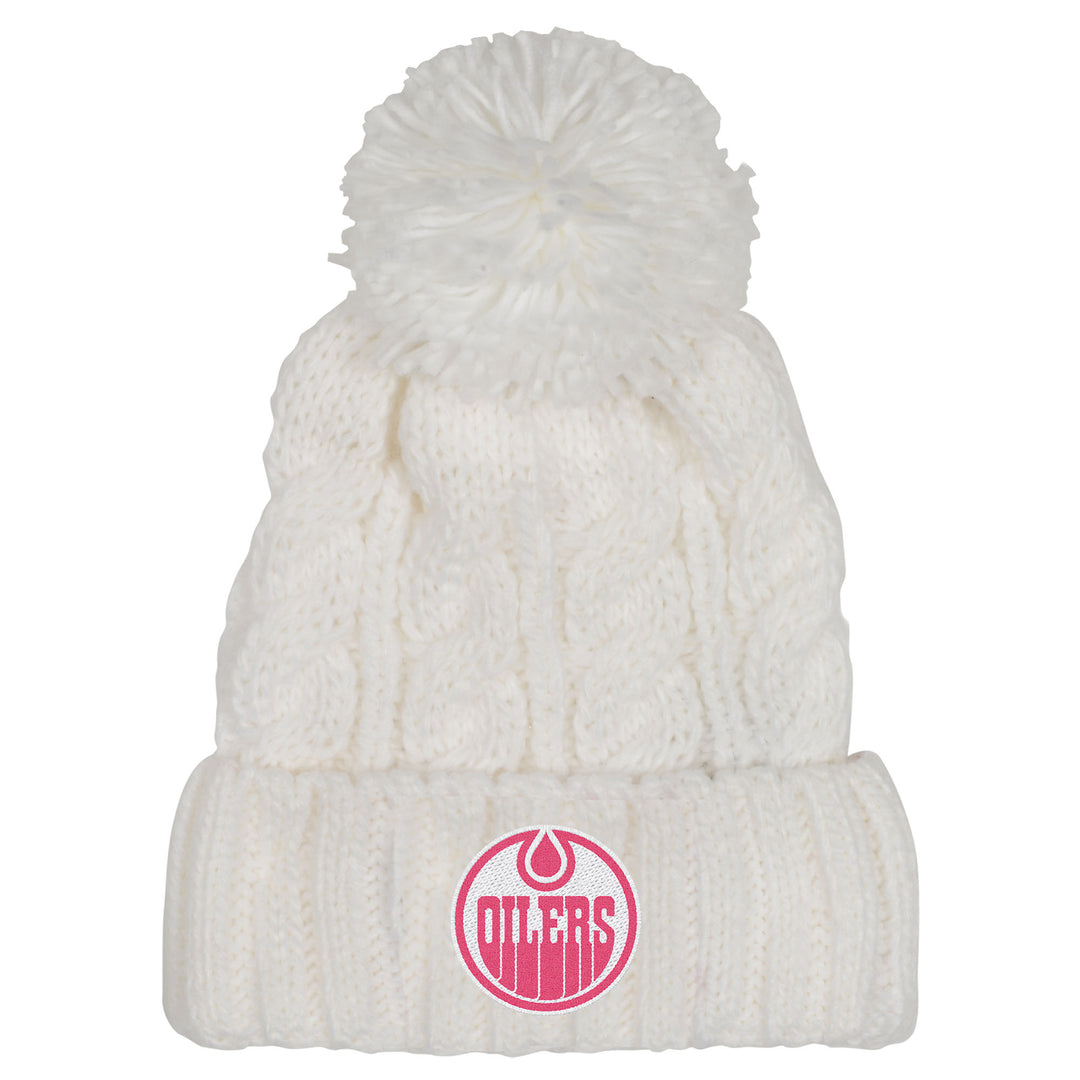 Edmonton Oilers Youth Girls Outerstuff White Cable Knit Toque W/Pom