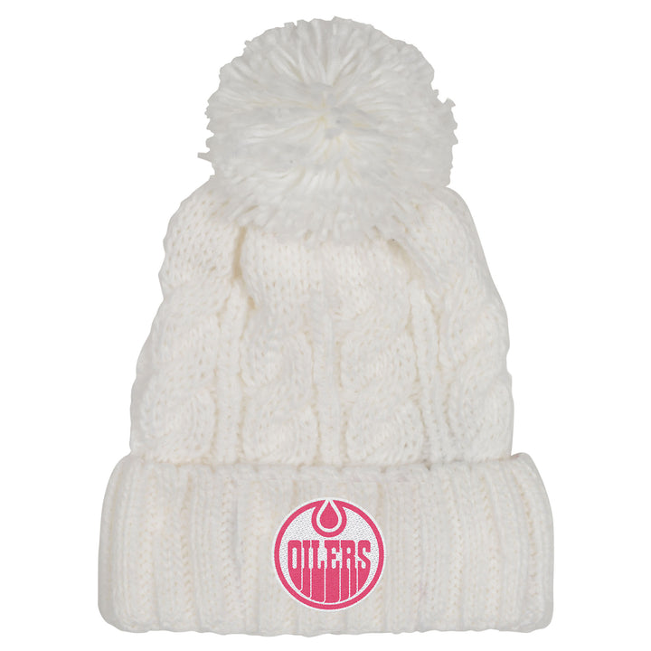 Edmonton Oilers Youth Girls Outerstuff White Cable Knit Toque W/Pom