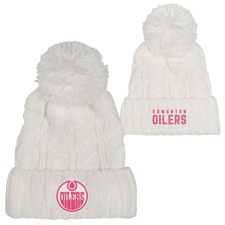Edmonton Oilers Youth Girls Outerstuff White Cable Knit Toque W/Pom