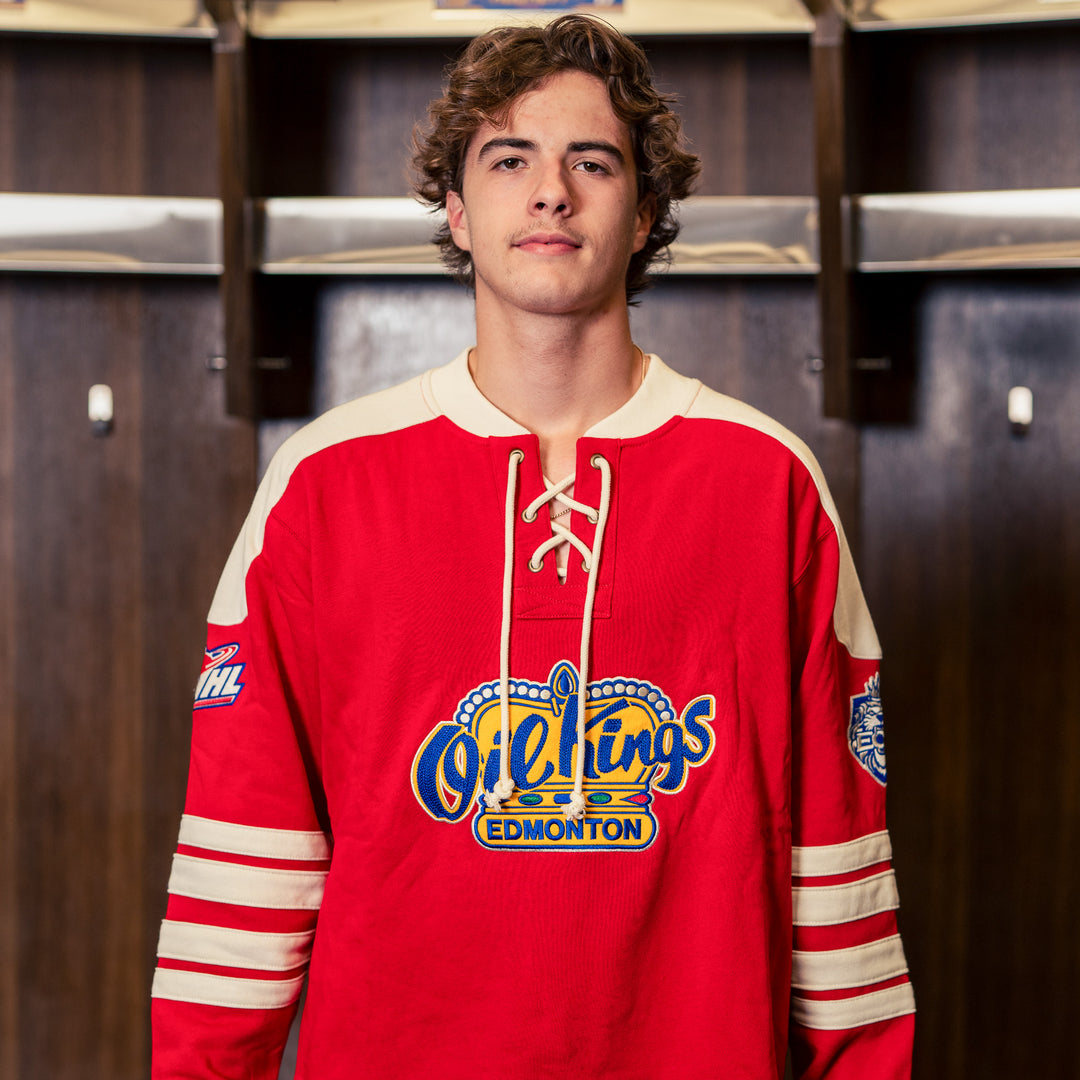 Edmonton Oil Kings '47 Red Golden Age Eternal Lacer Crewneck Sweatshirt