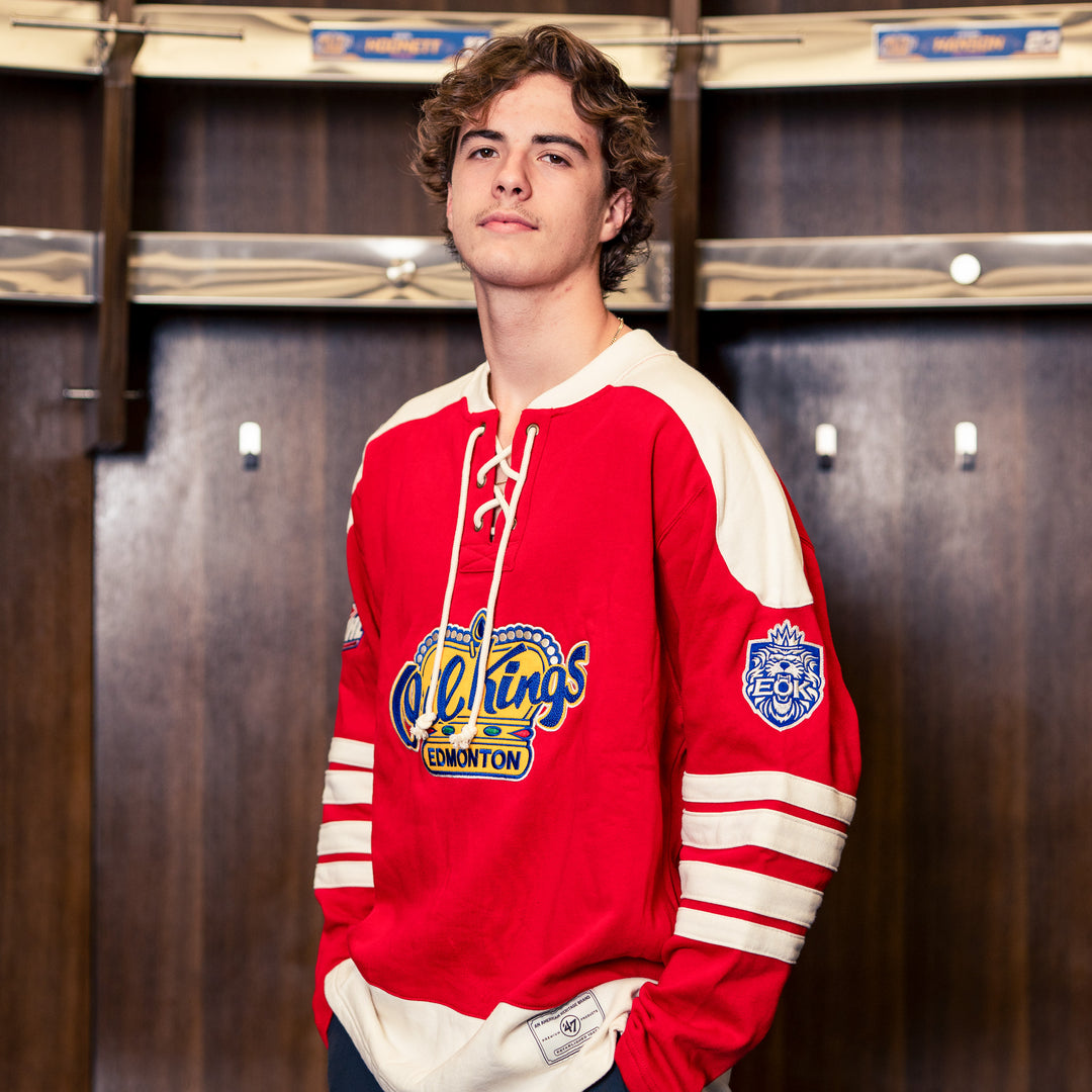 Edmonton Oil Kings '47 Red Golden Age Eternal Lacer Crewneck Sweatshirt
