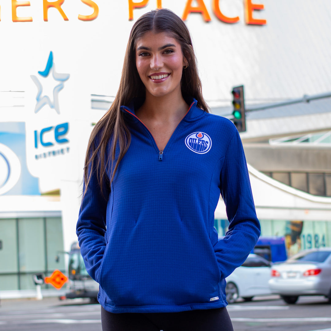 Edmonton Oilers 2024-25 Women's Fanatics Authentic Pro Blue Rink Half-Zip Sweatshirt
