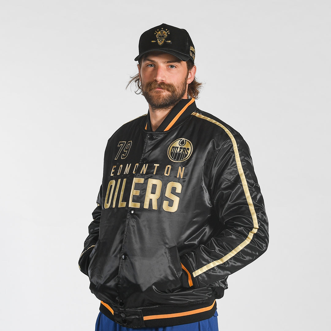 Edmonton Oilers Mitchell & Ness Golden Egg Black Satin Bomber Jacket
