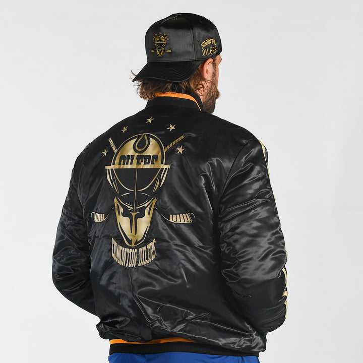 Edmonton Oilers Mitchell & Ness Golden Egg Black Satin Bomber Jacket