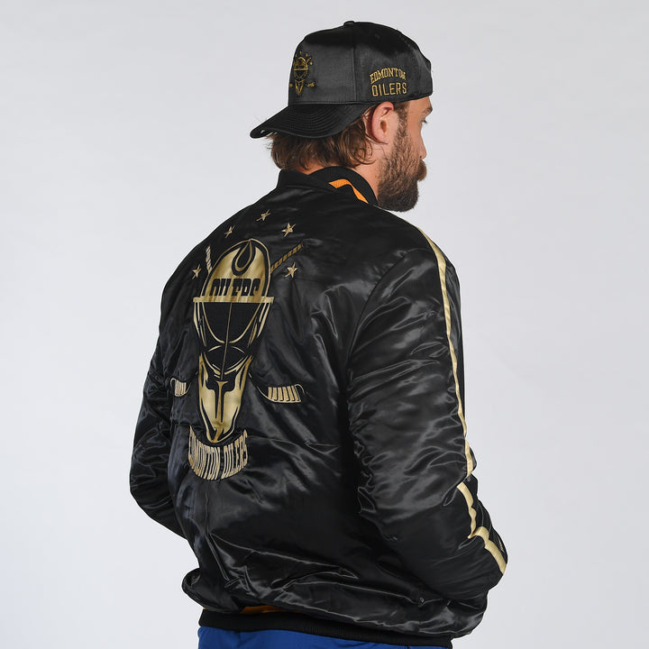 Edmonton Oilers Mitchell & Ness Golden Egg Black Satin Bomber Jacket