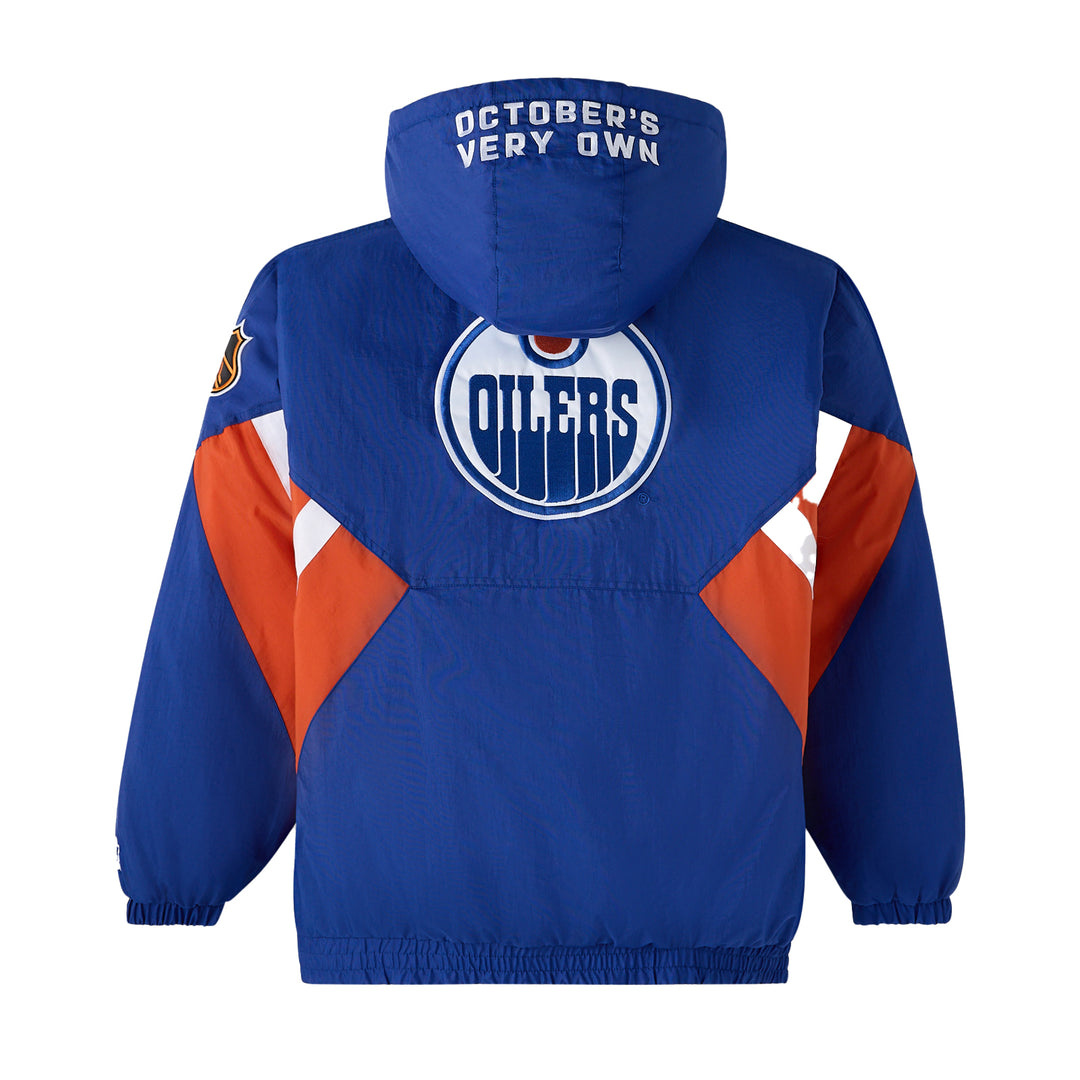 Edmonton Oilers October's Very Own OVO x Starter Blue Half-Zip Hooded Jacket