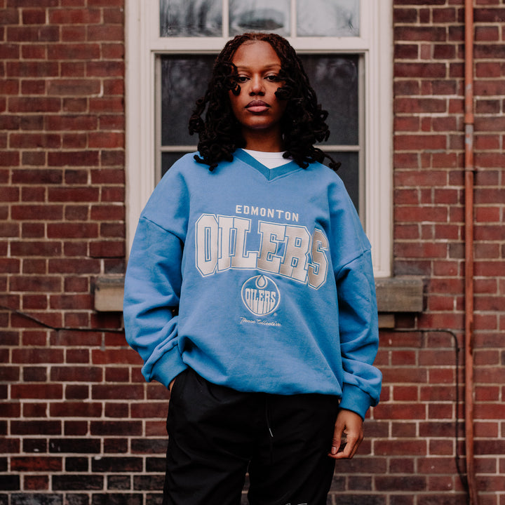 Edmonton Oilers Unisex Peace Collective Blue Striped Vintage V-Neck Sweatshirt