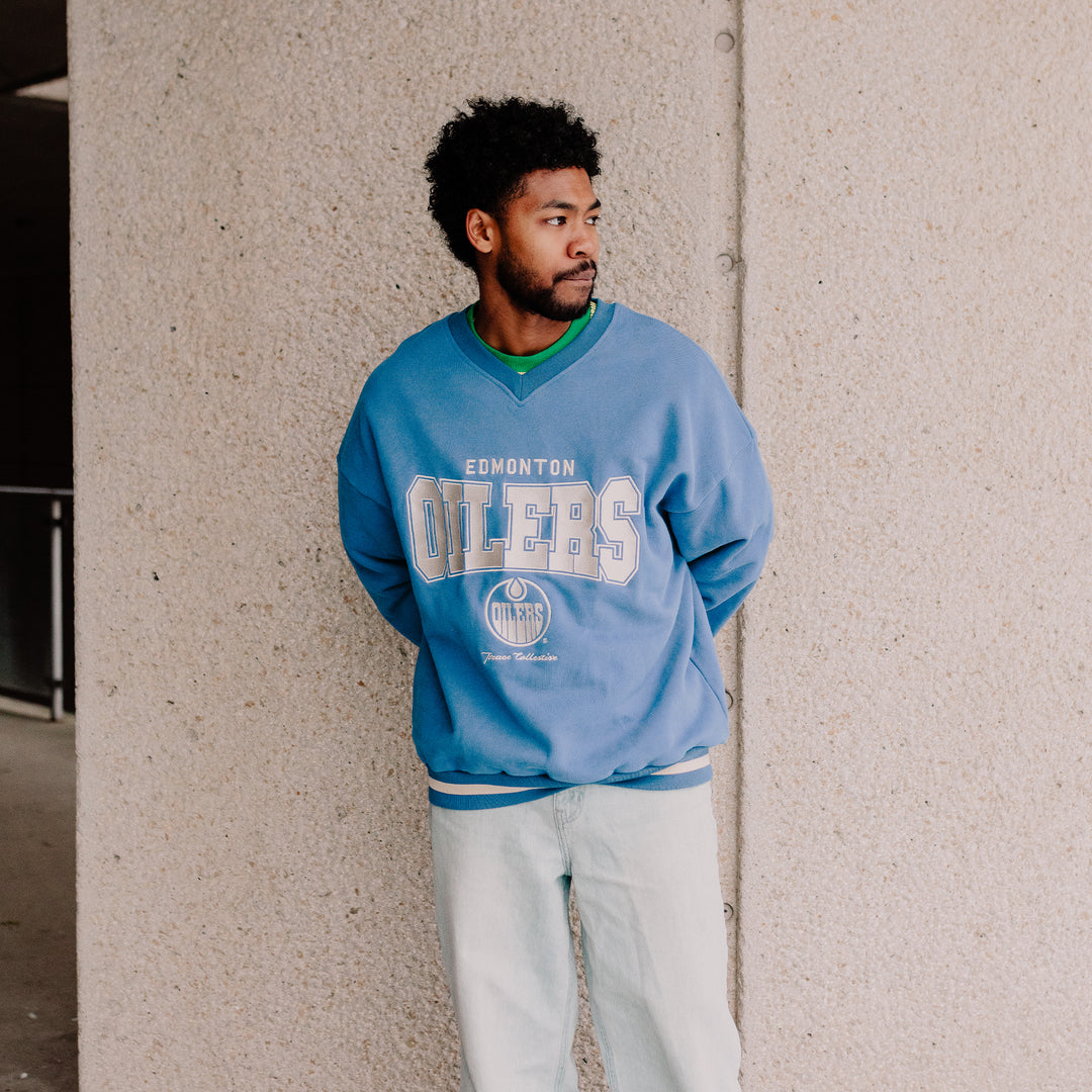 Edmonton Oilers Unisex Peace Collective Blue Striped Vintage V-Neck Sweatshirt