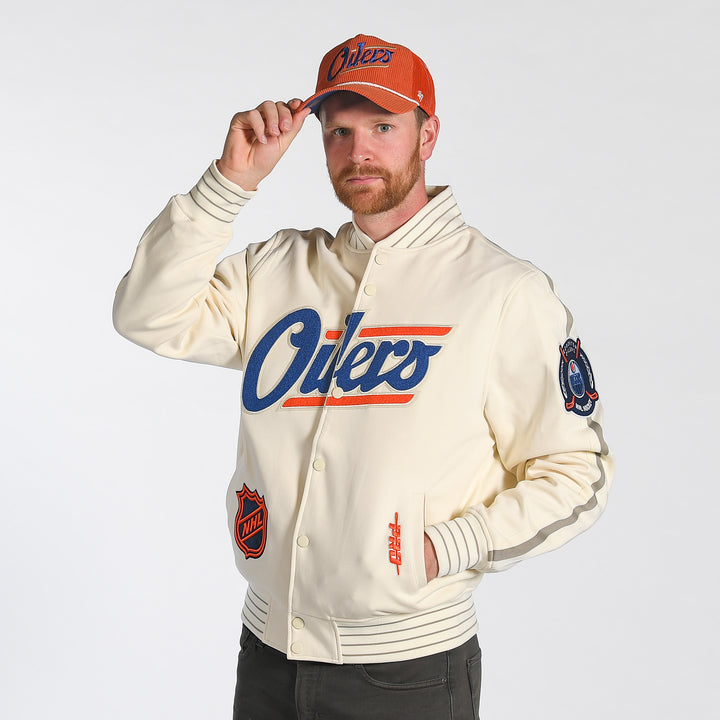 Edmonton Oilers Pro Standard Game Day Alternate Logo Cream Bomber Jacket