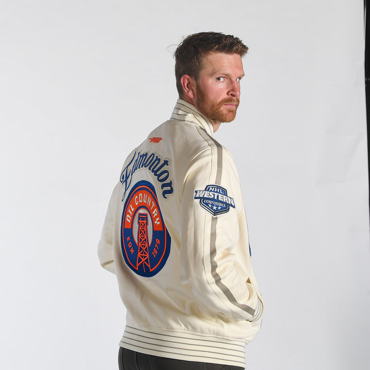 Edmonton Oilers Pro Standard Game Day Alternate Logo Cream Bomber Jacket